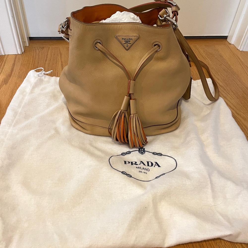 Prada tan leather drawstring bucket bag